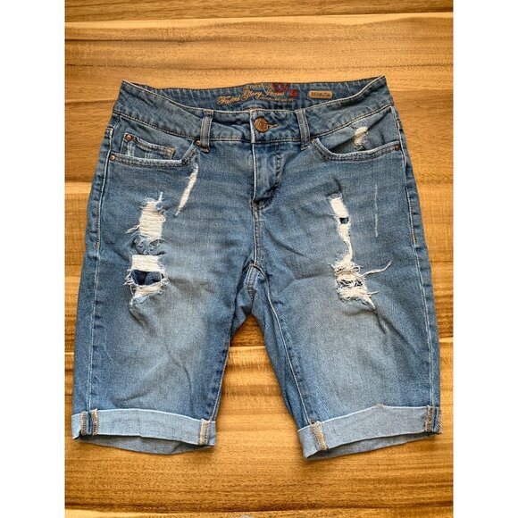 Faded Glory Womens Distressed Denim Bermuda Shorts Rolled Hem Blue Jeans Size 4 - Picture 3 of 12